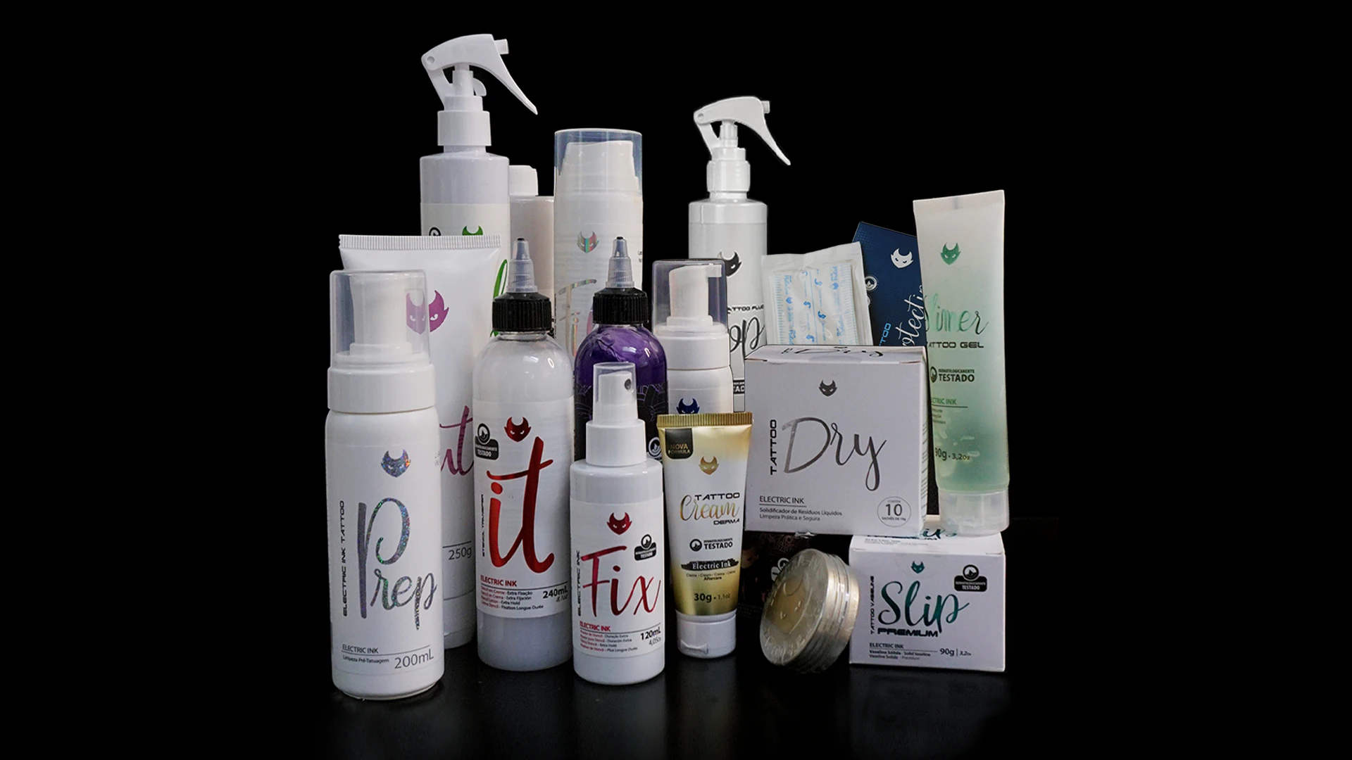Electric Ink cosmetic line: Prep, Transfer IT, Stencil Fix, The Gloo, Tattoo Cream Derma, Slimer Gel and more